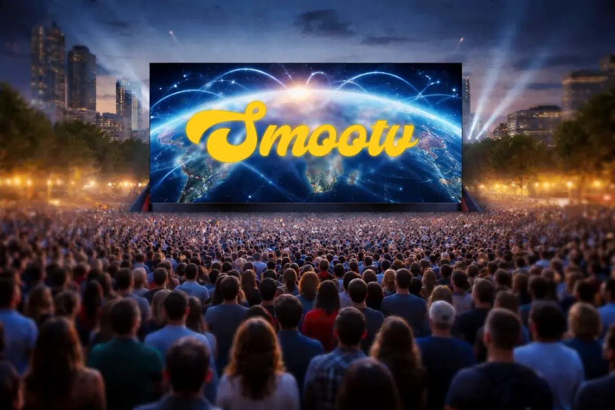 Een groot publiek kijkt naar het Smootv-logo op een buitenscherm